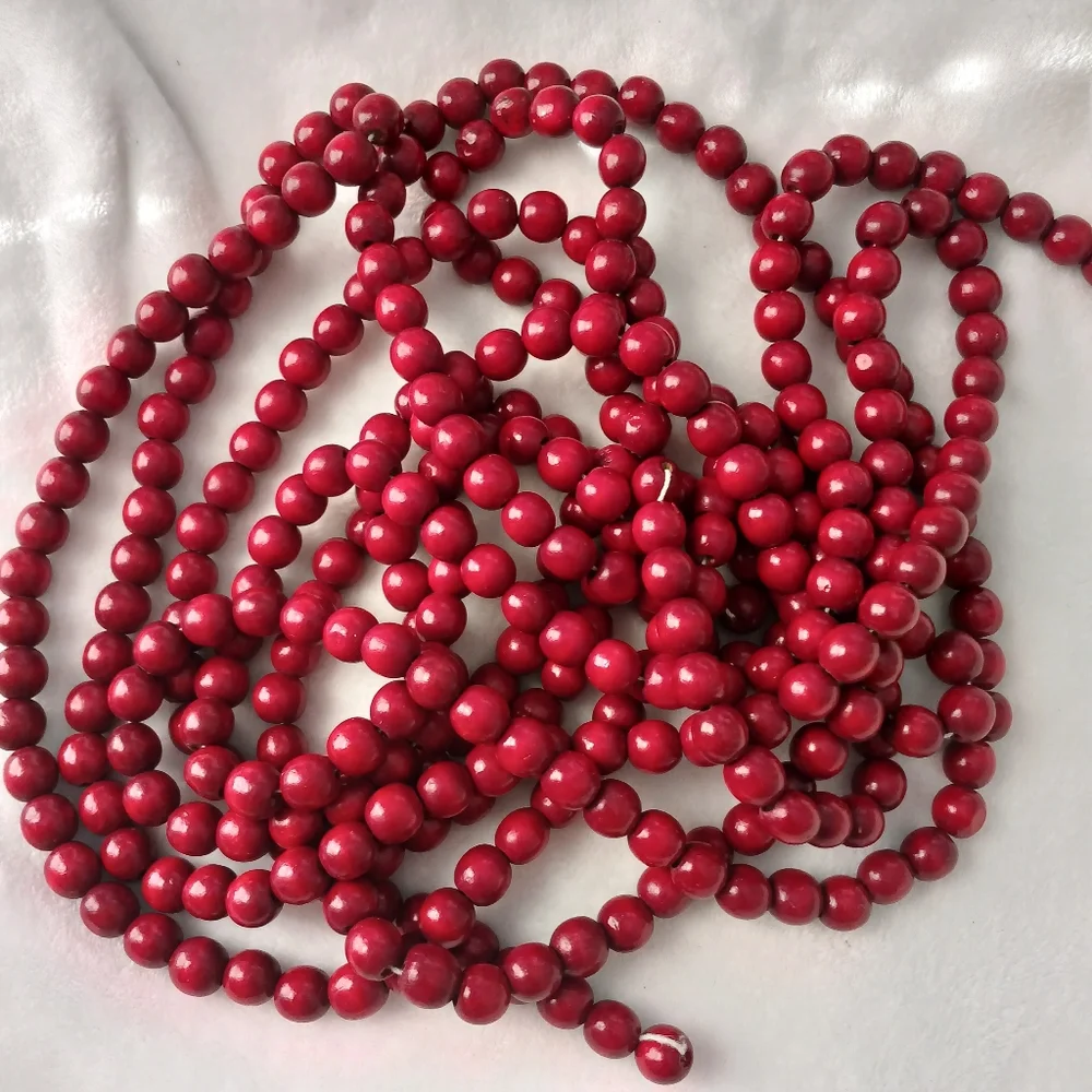 Christmas Red Wooden Bead Garland 9Ft Set Of 2 Pieces